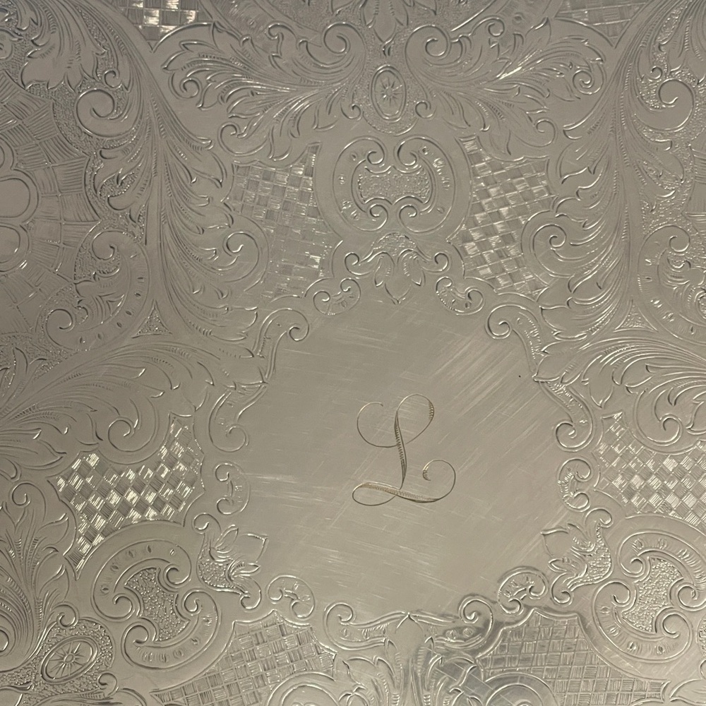 Silver Plated Serving Platter 20" Lg Butlers Tray Embossed Scroll Monogrammed L - Picture 3 of 5